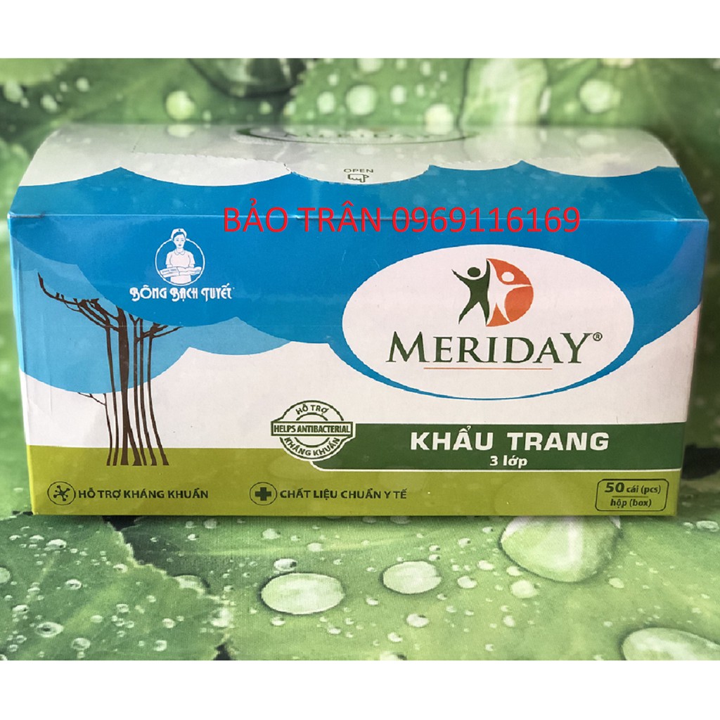 Khẩu Trang 3 Lớp Meriday 50 cái/ Hộp Chính Hãng Bông Bạch Tuyết - Khẩu Trang Hỗ Trợ Kháng Khuẩn