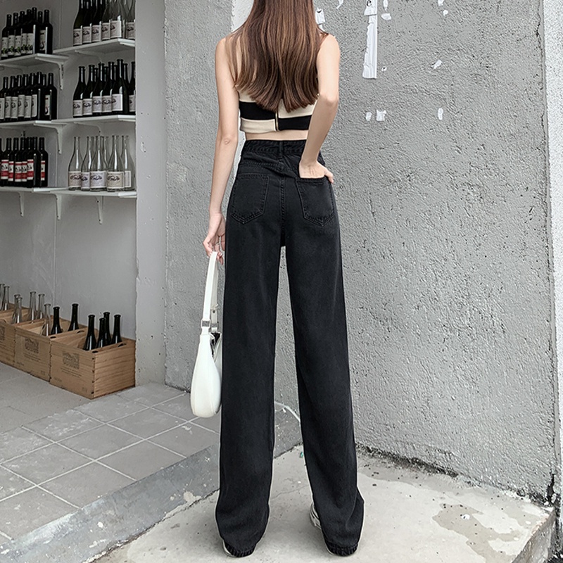 Quần Jeans Nữ Lưng Cao Ống Rộng Rách Gối Thời Trang