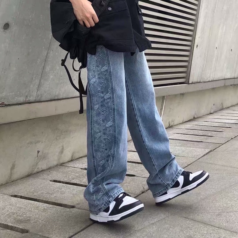 Quần bò jeans ống rộng cạp chun rút cách điệu hoạ tiết sườn oversize Ulzzang siêu chất ❤️
