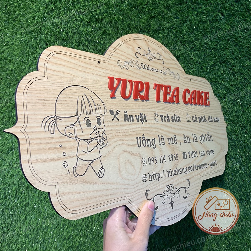 Bảng hiệu treo quán trà sữa, đồ ăn vặt, trang trí quán cà phê , chất liệu gỗ tự nhiên , khắc laze hiện đại