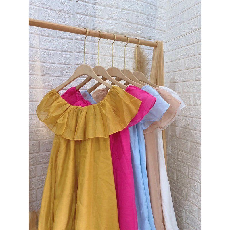 Váy maxi trễ vai màu hồng