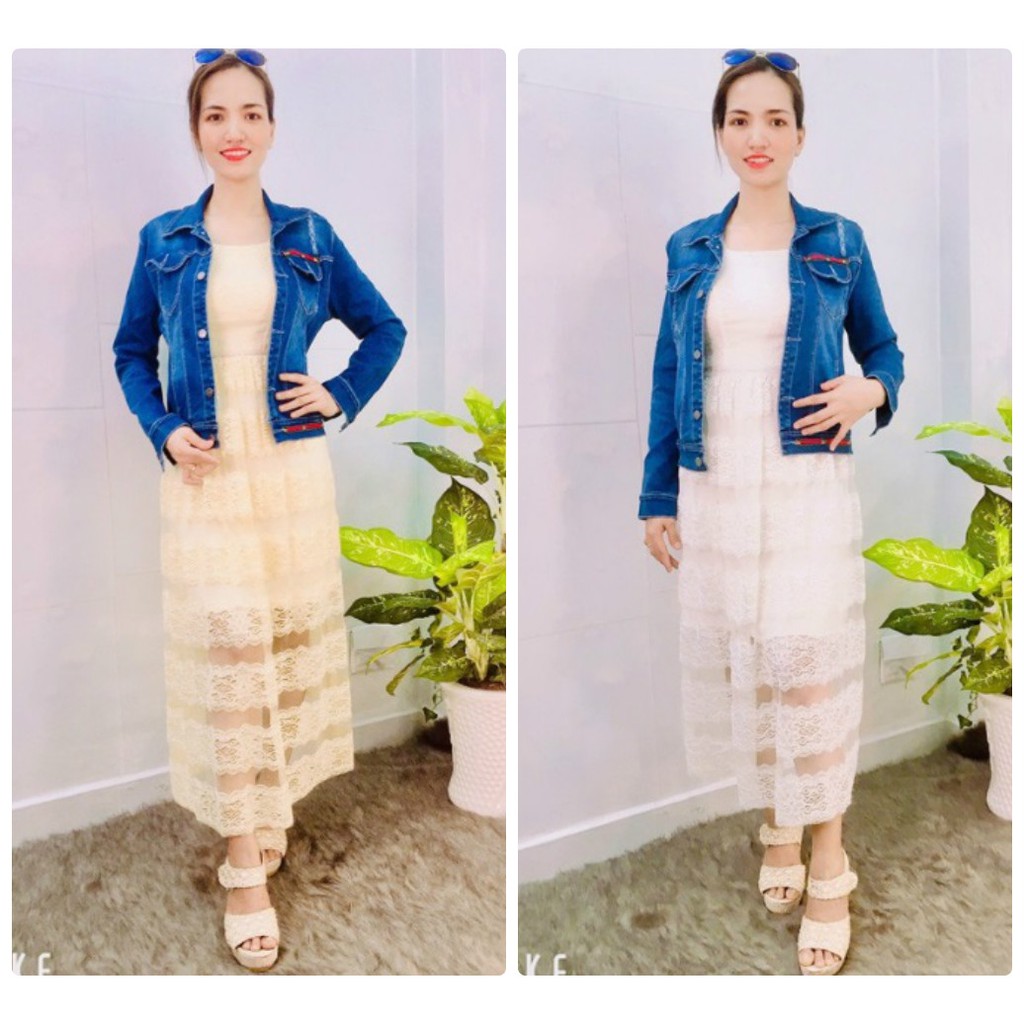 Set áo khoác jean và đầm ren maxi tầng 2 dây