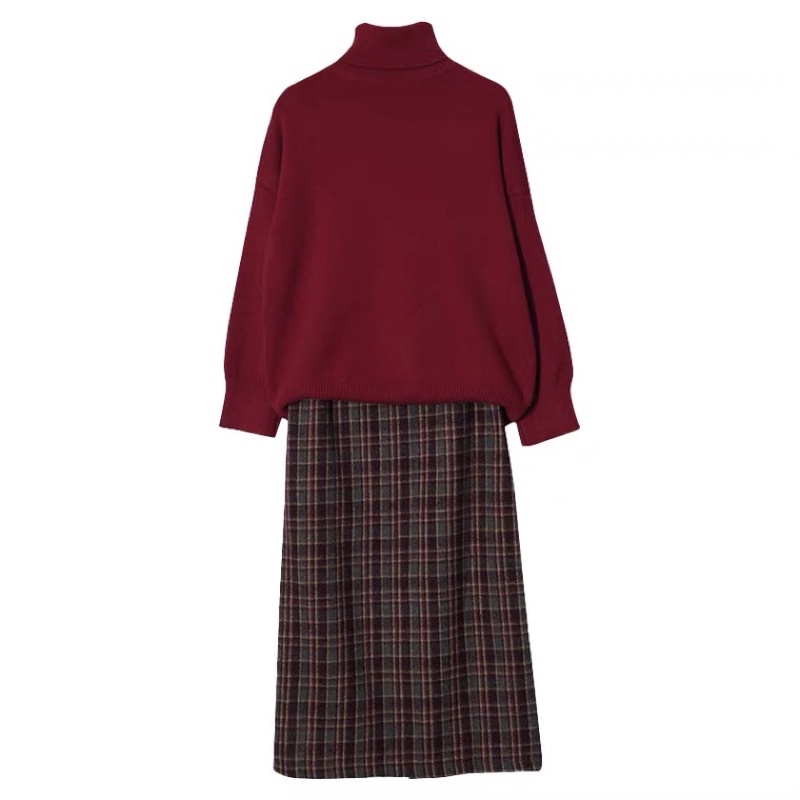 BIGSIZE!!! Set áo len đỏ +chân váy kẻ caro bigsize ulzzang order