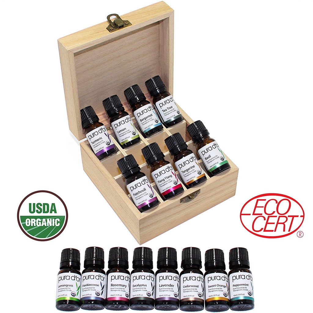 Bill US - Set 16 lọ tinh dầu hữu cơ PURA D'OR Essential Oils Wood Box Set 10ml/ lọ