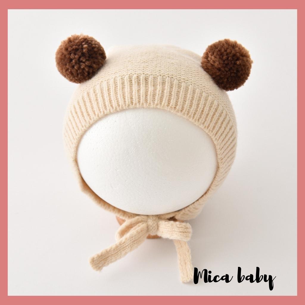 Mũ len màu trơn thiết kế dây buộc đính cục bông thời trang thu đông cho bé ML204 Mica baby