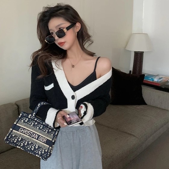 QADCOL Áo khoác cardigan dệt kim tay dài dáng ngắn thời trang cá tính cho nữ