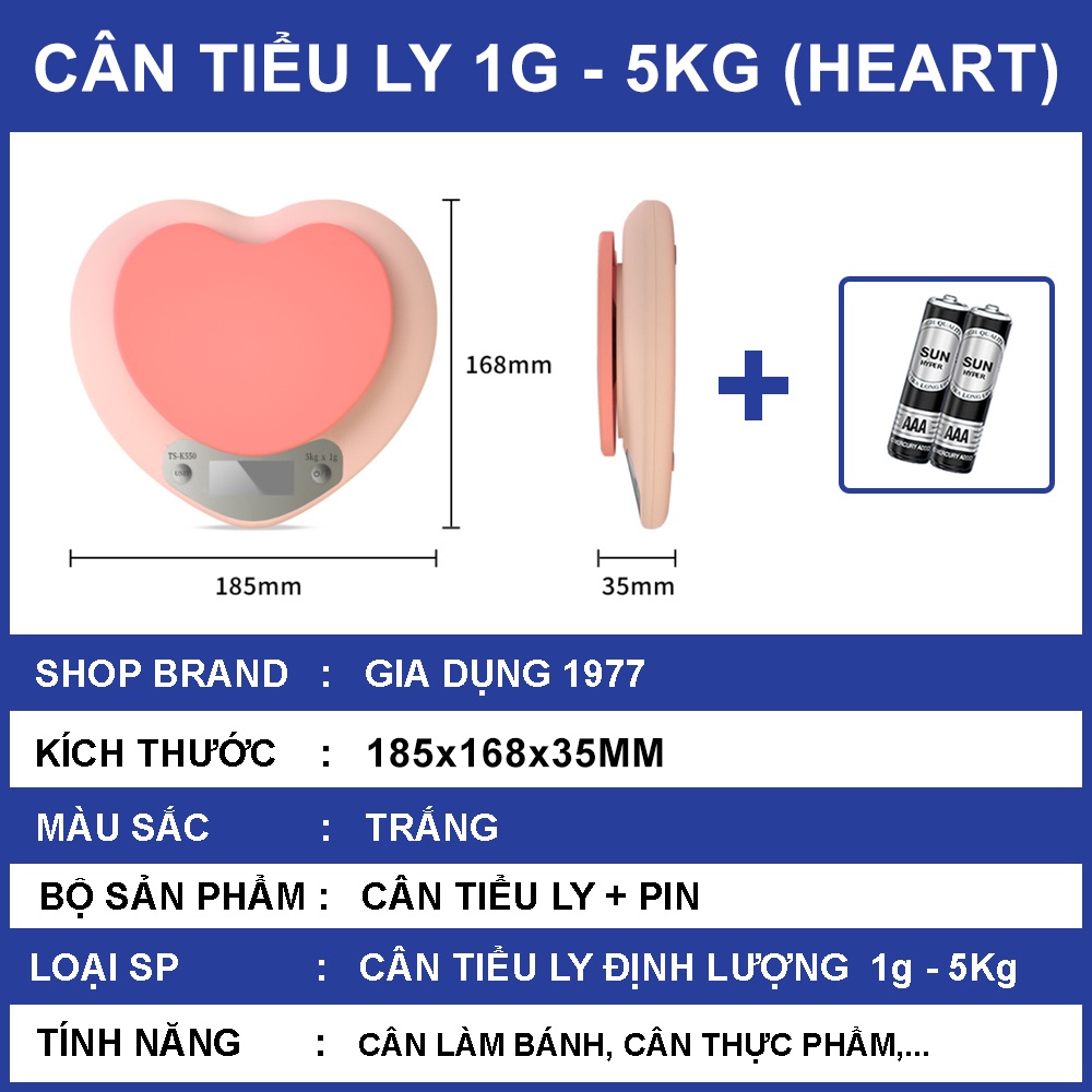 Cân tiểu ly điện tử nhà bếp mini định lượng 1g - 5kg, Cân tiểu ly làm bánh độ chính xác cao tặng kèm pin