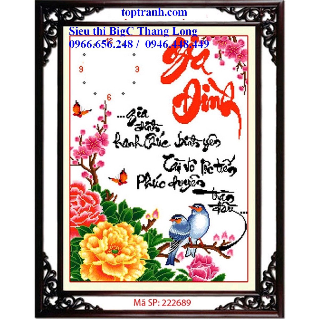 tranh thêu chữ thập đồng hồ chữ gia đình và hoa mẫu đơn 222689