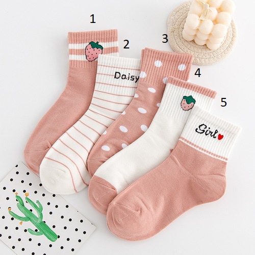 Tất nữ cổ cao chất cotton co giãn thêu hoạ tiết