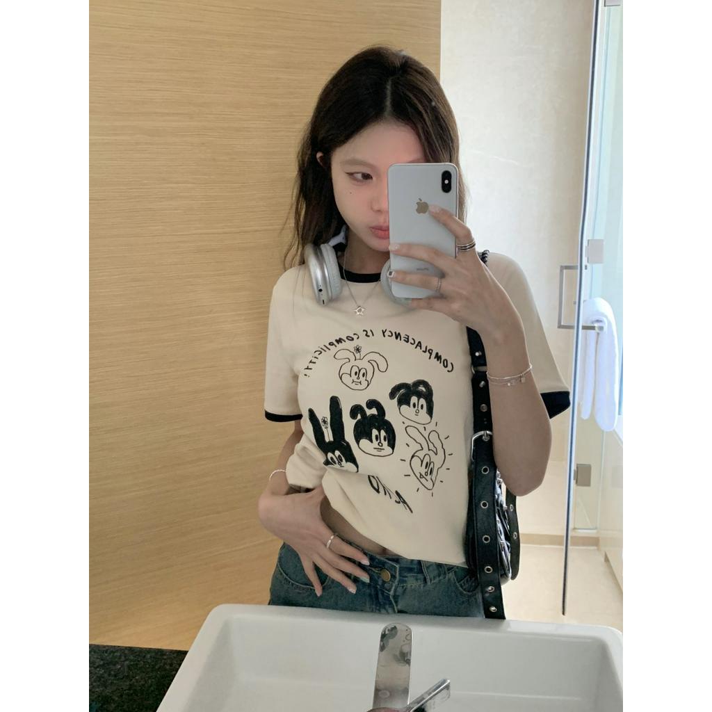 Áo Thun Ngắn Tay In Màu Sắc Tương Phản Phong Cách Retro Thời Trang Mùa Hè 62151