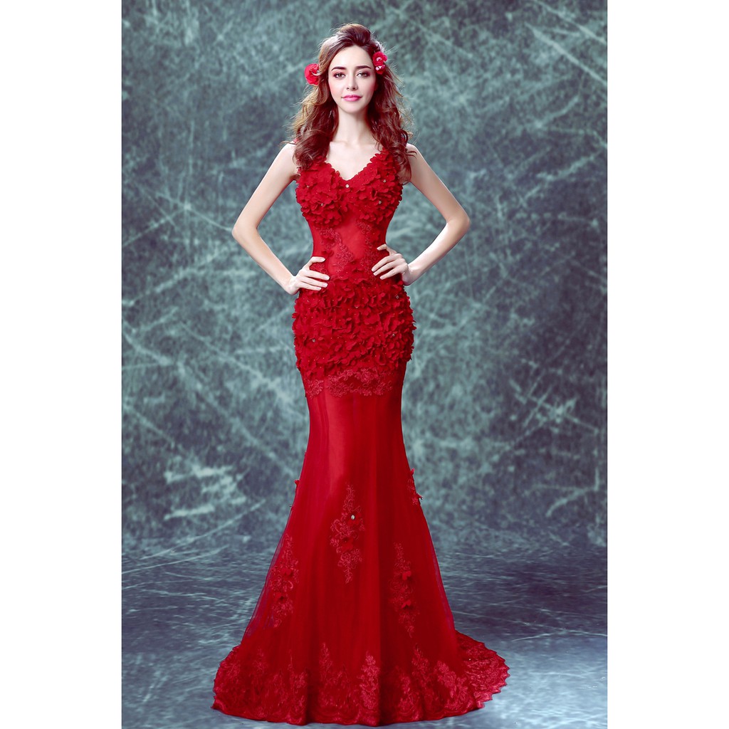 Đầm dạ hội đuôi cá màu đỏ rượu thời trang