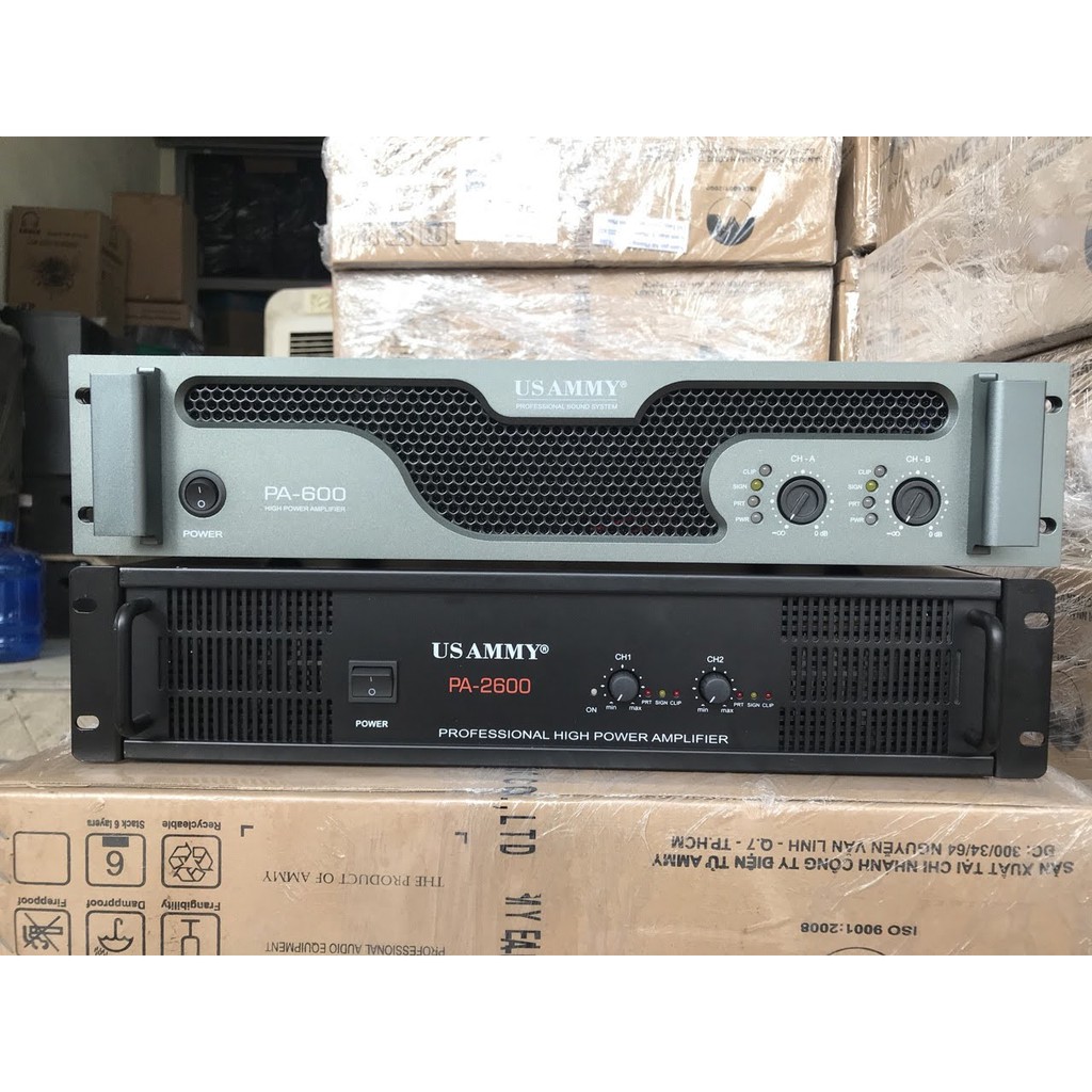 Đẩy công xuất Hãng USAMMY PA 600, 2 kênh, 24 sò xịn, tăng phô nguồn xuyến, sợi đồng, 1200W, quạt điều tốc tuyến tính.