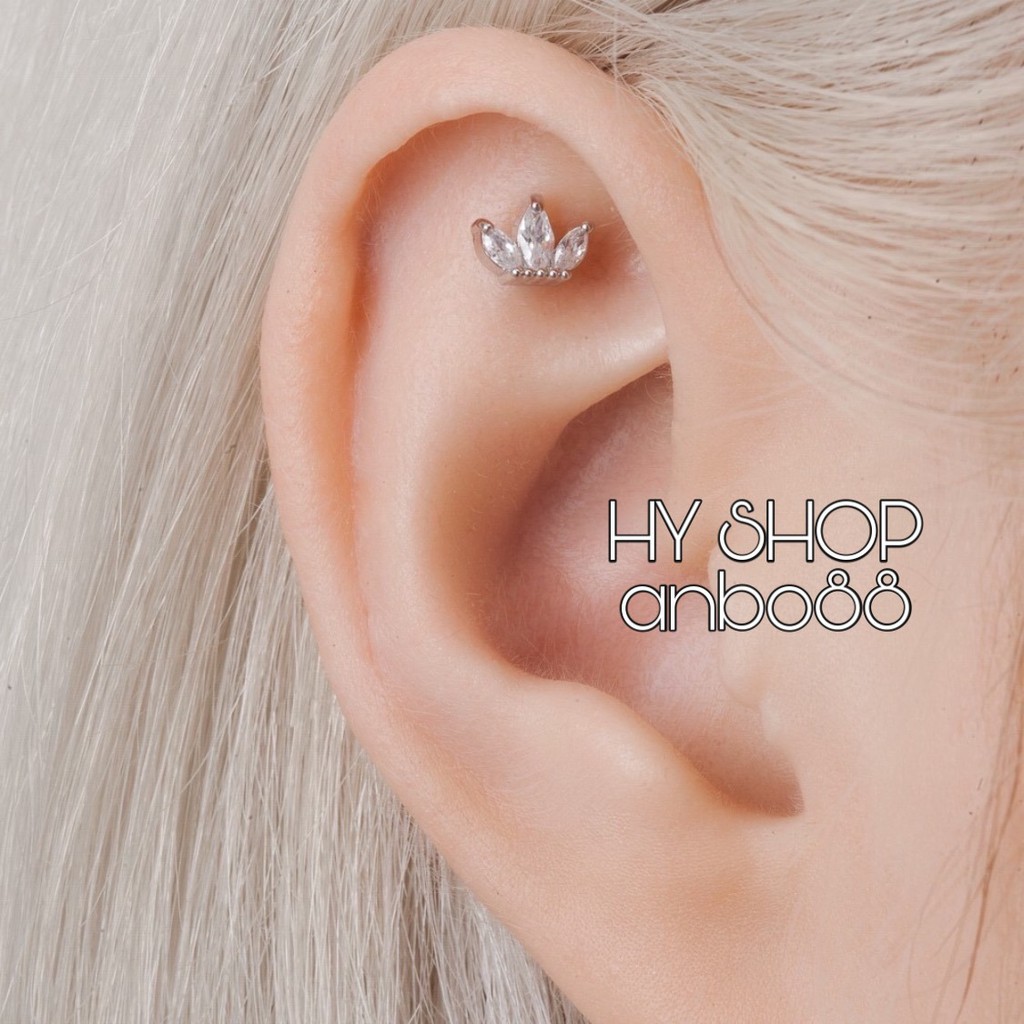 Bông tai khuyên tai titan 3 cánh lá đính kim siêu bền không dị ứng không gỉ không đen khuyên tai unisex