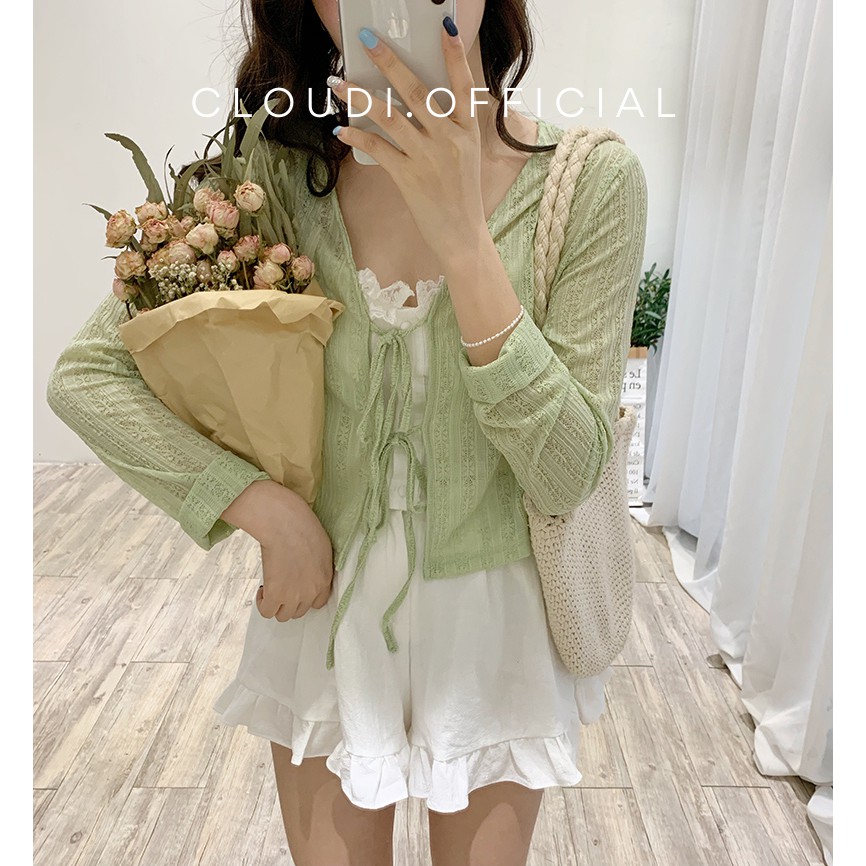 Áo Khoác Cardigan Tay Dài Phối Ren Thu Đông 2021 3 Màu Pastel Hàn Quốc Nhẹ Nhàng Nữ Tính Siêu Xinh