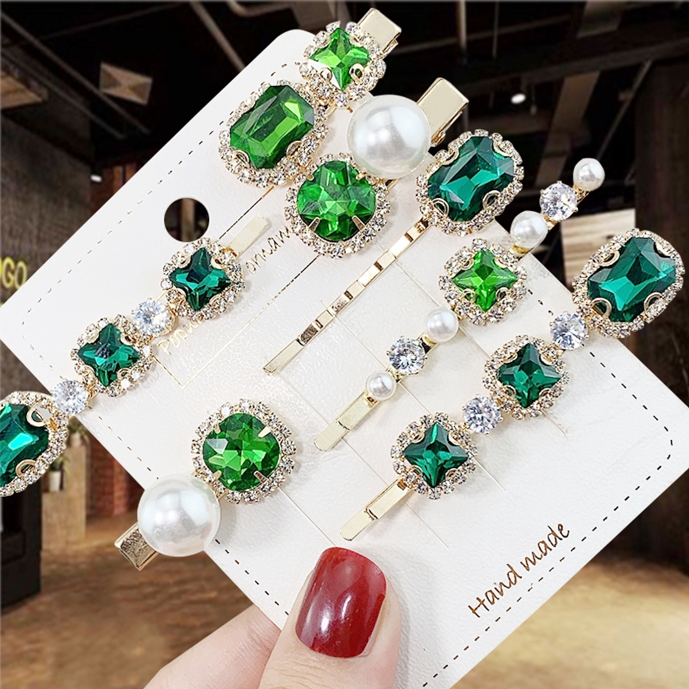 Kẹp Tóc Đính Đá Lục Bảo Phối Ngọc Trai Thanh Lịch Cho Nữ