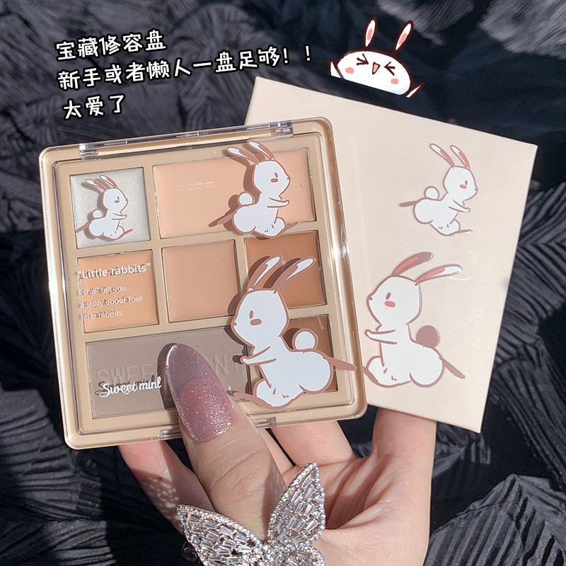 🌈🍓🍇 Bảng Kem Che Khuyết Điểm, Phấn Tạo Khối Bắt Sáng 7 Ô Sweet Mint Little Rabbits Cao Cấp Siêu Dễ Thương - Y384-D7T2