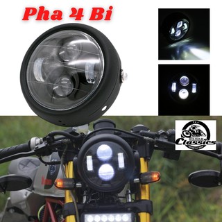Đèn pha độ xe máy classic kiểu dáng Su GN bi Led gáo đèn tròn sơn đen , mặt mika trong