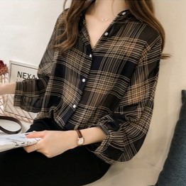 SUXI Áo Sơ Mi Nữ Vải Chiffon Kẻ Sọc Form Rộng Tay Dài