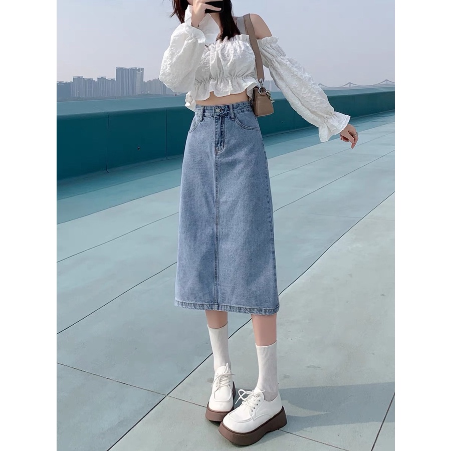 [52-90kg] Chân váy jeans dài BigSize qua gối phom chữ A, co dãn mạnh, lưng cao 4335 MLJ