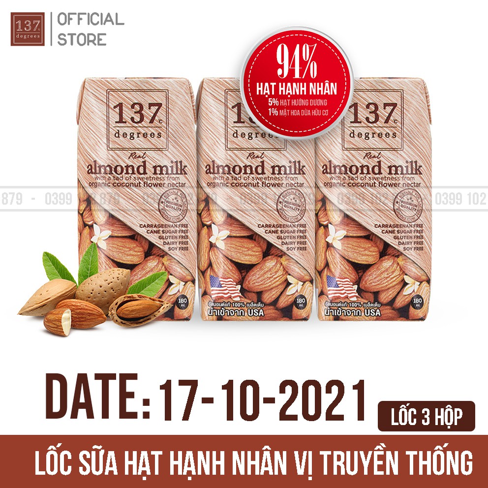 SALE Date Gần Sữa Hạt nguyên chất 137 Degrees - Lốc 3 Hộp 180ml