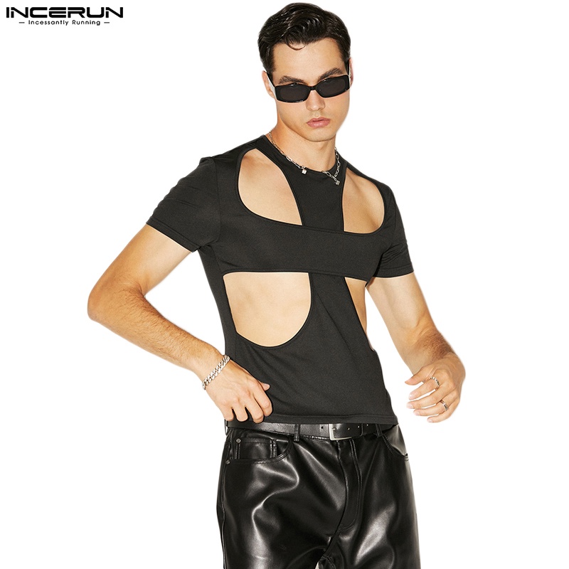 Áo thun INCERUN tay ngắn dáng ôm thiết kế lỗ thời trang cá tính cho nam
