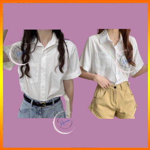 Áo Sơ Mi Nữ Ngắn Tay Form Oversize Chất Cotton Mềm Mát Có Túi Hanva