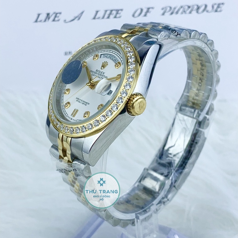 Đồng hồ nam Rolex- đồng hồ cơ Automatic Rolex classic mặt trắng viền đá dây demi 2 lịch