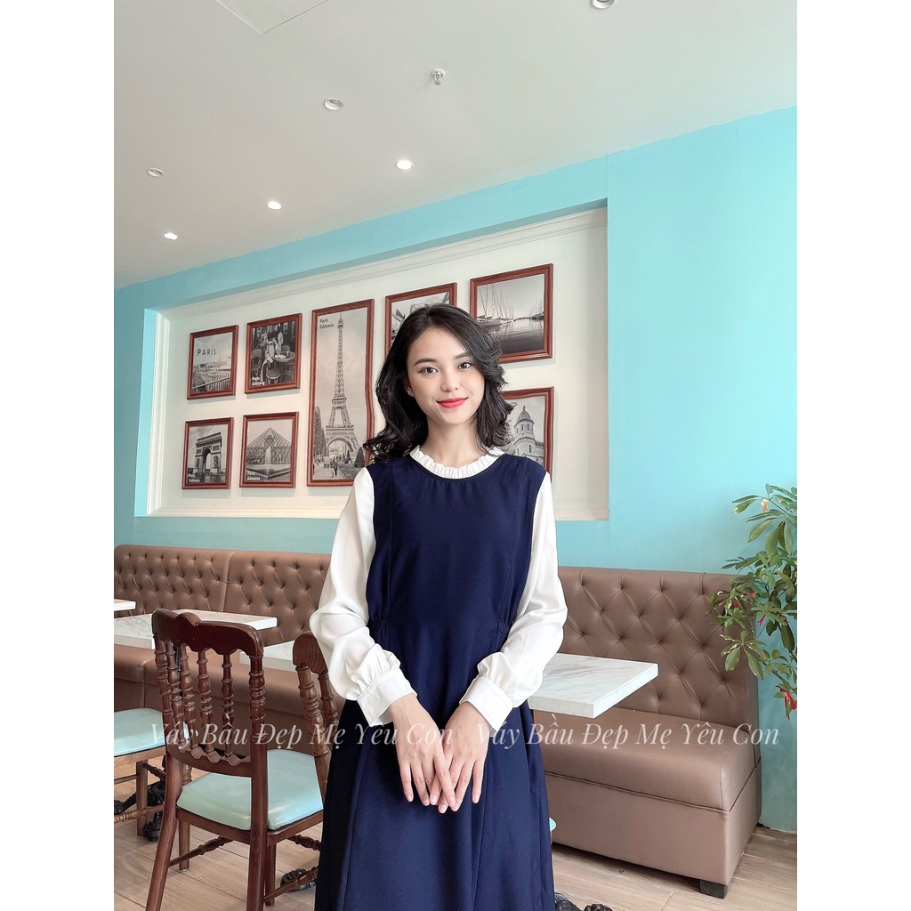 Váy Bầu Thu Đông - Đầm Bầu GUME màu xanh than dáng suông dài tay MYC 6M