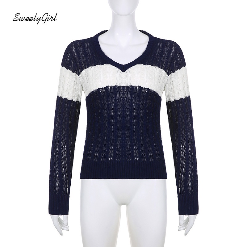 Áo Sweater Dệt Kim Cổ V Tay Dài Ôm Eo Phối Màu Tương Phản Thời Trang 2022 Cho Nữ