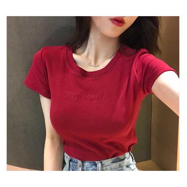 Áo phông nữ cổ tròn chất thun cao cấp co giãn in chữ nhiều màu hàng Quảng Châu Mely Fashion AP03