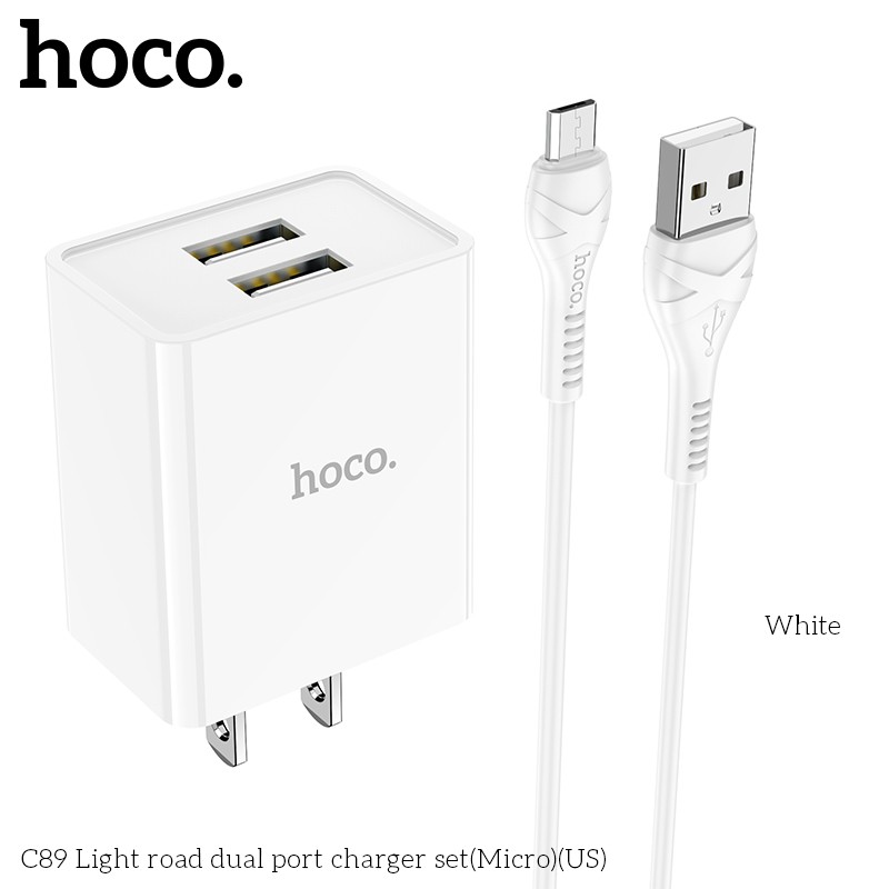 Bộ sạc Hoco C89 Micro USB 2 cổng, sạc nhanh 2.1A tương thích với nhiều dòng Samsung/Oppo/Xiaomi...chân cắm US kèm dây 1m
