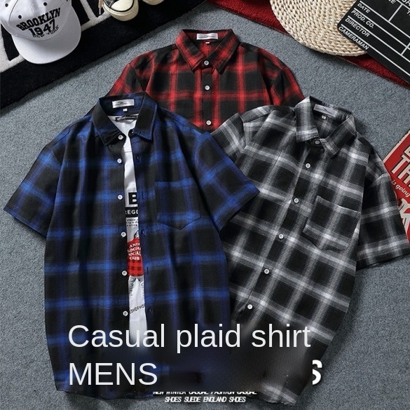 Áo khoác sơ mi tay ngắn dáng rộng họa tiết sọc caro thời trang cho nam