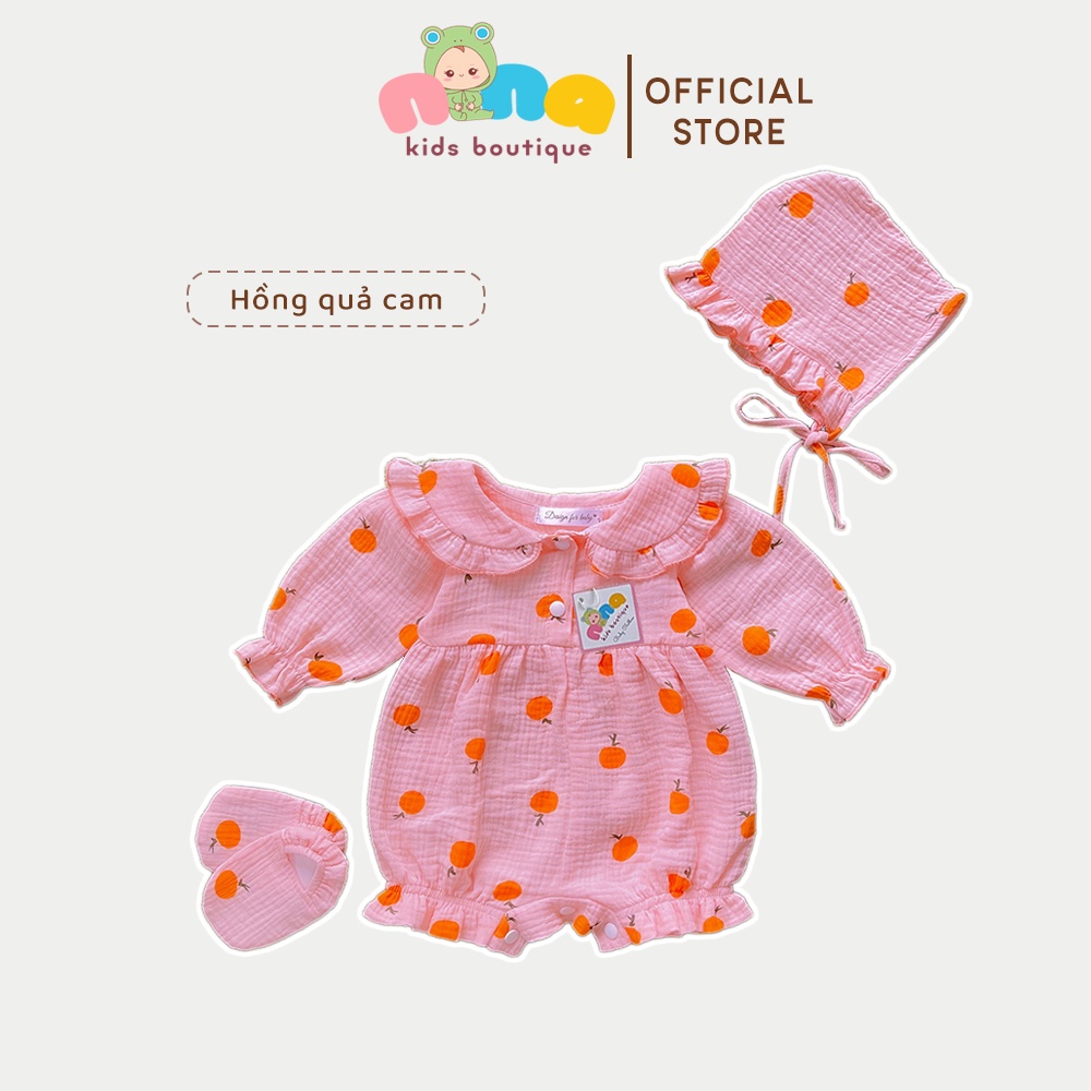 Bộ áo liền quần cho bé sơ sinh Nina Kids Boutique Body đùi bé gái dài tay Size 0m 24m Chất xô muslin - màu hồng tim vàng