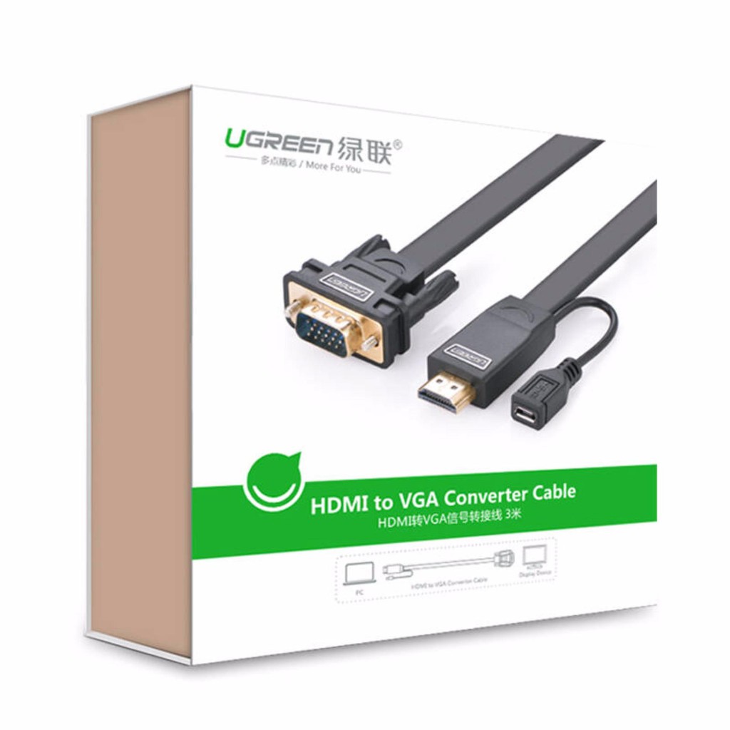 [Mã 2404EL10K giảm 10K đơn 20K] Dây cáp chuyển đổi HDMI sang VGA dẹt có hỗ trợ nguồn UGREEN MM101