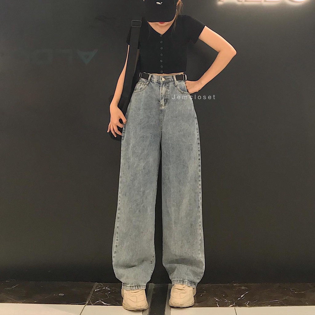 Quần Jeans Nữ Ống Rộng Kèm Thắt Lưng Eo Quần Bò Form Unisex Màu Xanh Thoải Mái Dễ Phối Đồ  - 2264 JEM CLOSET