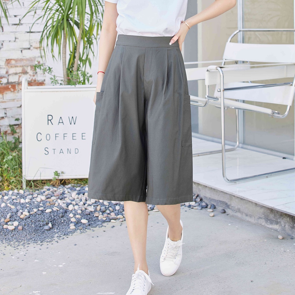 Eyouth 10120 Quần culottes Lưng Cao Ống Rộng 3 / 4 Phối Túi Thời Trang Cho Nữ
