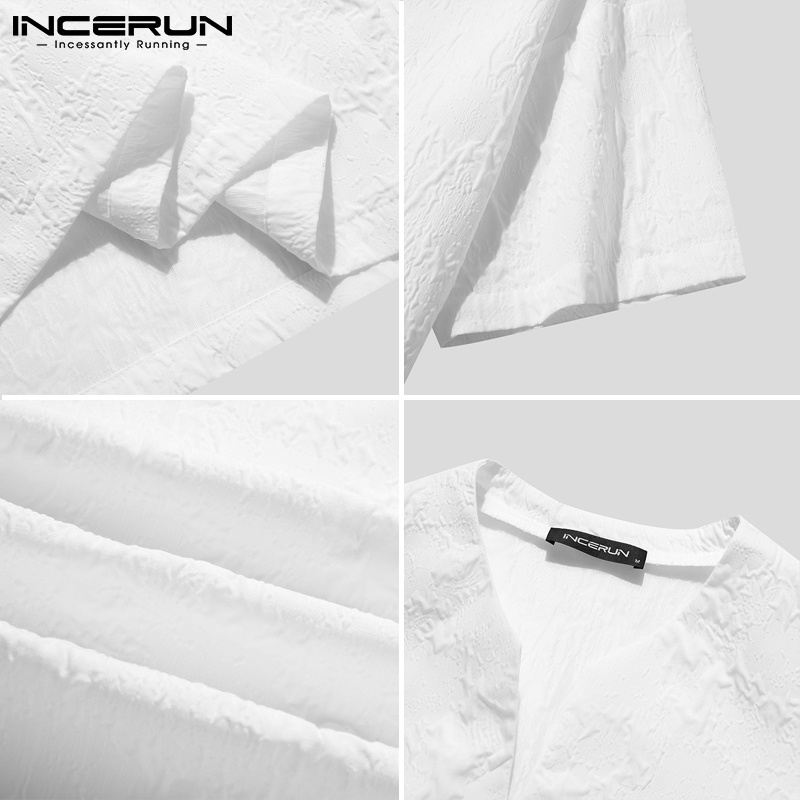 Áo INCERUN tay lỡ cổ chữ V dáng rộng in họa tiết dập nổi thời trang dành cho nam