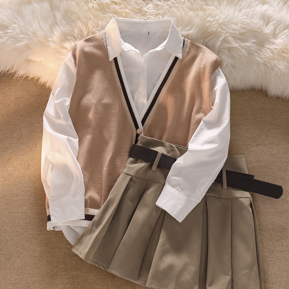 Set Áo Sơ Mi Trắng Dài Tay + Áo Khoác cardigan + Chân Váy + Áo Khoác Len Cộc Tay Phong Cách Nhật Bản Nữ Tính