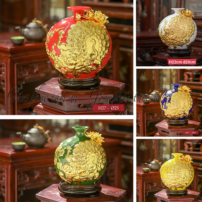Bình hút lộc, lọ hoa tài lộc vinh hoa phú quý chim công gốm sứ bát tràng dát vàng {tặng chân đế gỗ}