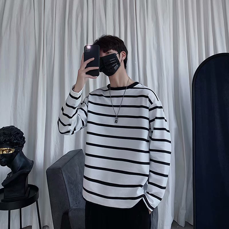 Áo thun cổ tròn dài tay dáng rộng họa tiết sọc ngang thời trang dành cho nam | BigBuy360 - bigbuy360.vn