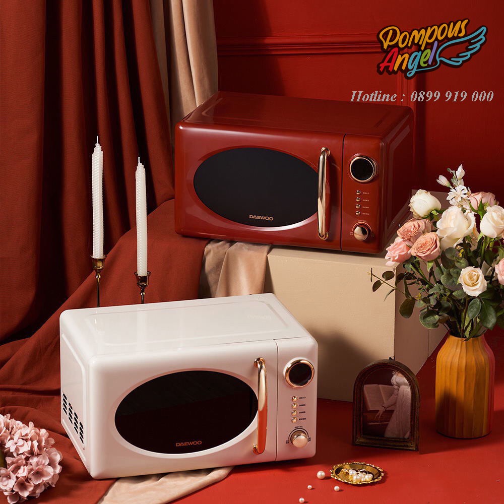 Lò vi sóng điện DAEWOO DY-WB02 màu trắng / đỏ viền vàng ,dung tích 20L bảo hành 12 tháng