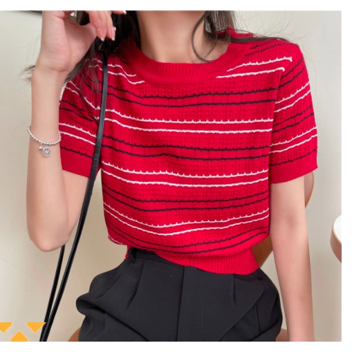 Áo thun nữ cổ tròn ngắn tay họa tiết kẻ sọc 8 màu thời trang
