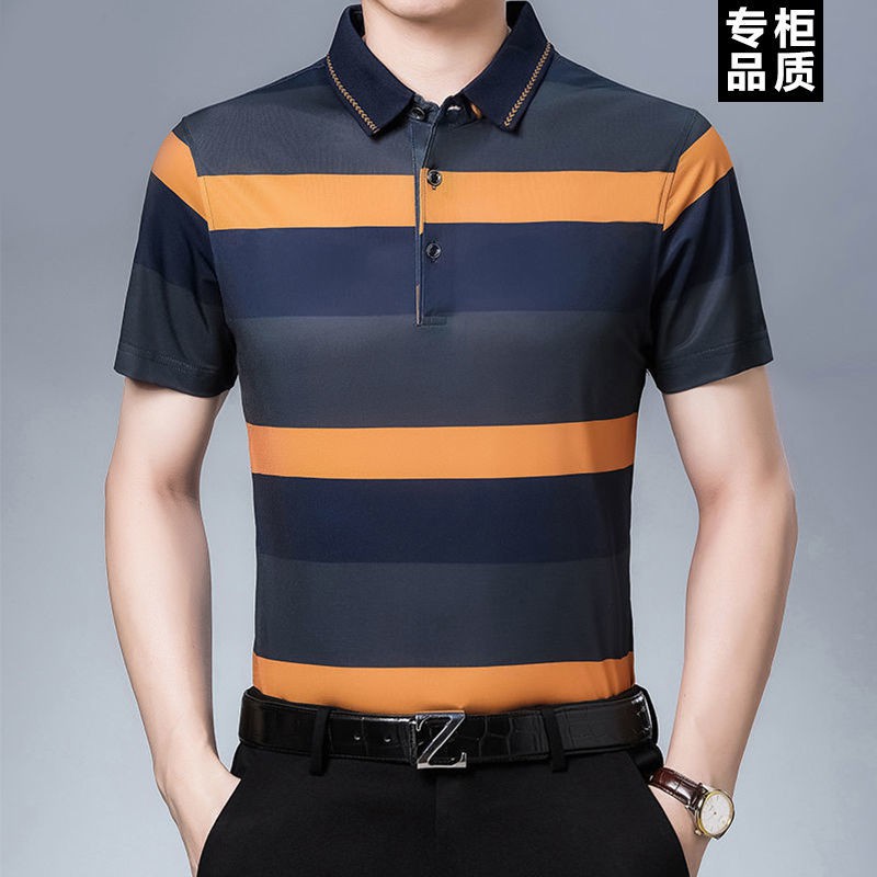 Năm 2021 áo thun ngắn tay lụa băng mới của bố mặc sơ mi POLO cỡ lớn in ấn rộng rãi trang phục trung niên và cao tuổi