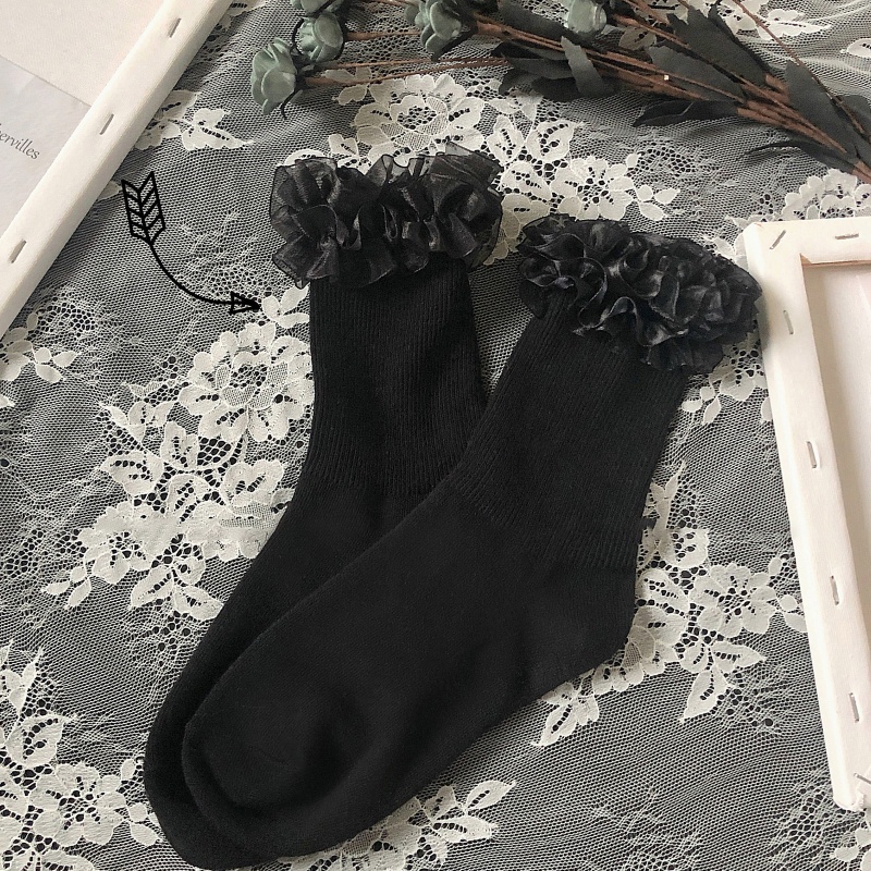 Xixi Vớ Cotton Cổ Thuyền Màu Trơn Viền Ren Nhún Bèo Phong Cách Harajuku Nhật Bản Ngọt Ngào Cho Nữ