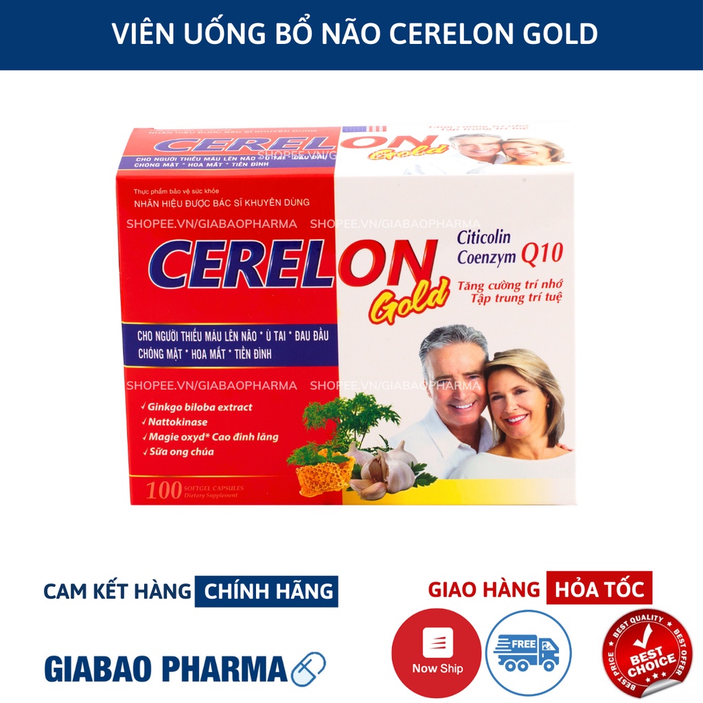 Hoạt huyết dưỡng não Ginkgo Biloba 600mg Cerelon Gold Đỏ giảm đau nửa đầu, hoa mắt, chóng mặt - Hộp 100 viên