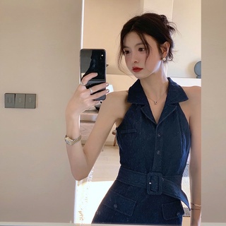 Đầm denim hở vai kèm belt dáng chữ a phong cách hàn quốc