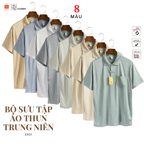 Áo thun nam có cổ trung niên QClassic vải cotton xịn loại áo thun nam cho người lớn tuổi có túi