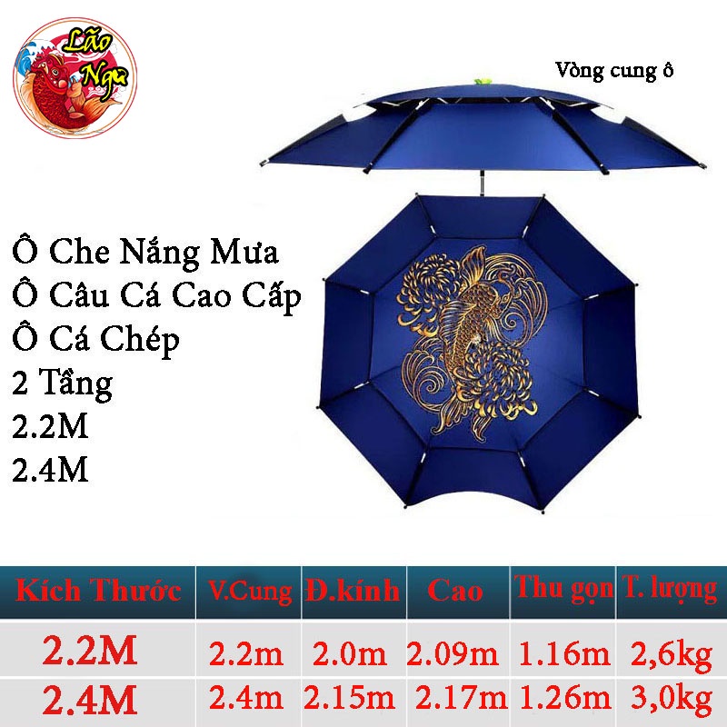 Ô Dù Câu Cá 2 Tầng Cá KOI - Biển Xanh Cao Cấp Sang Trọng | 2M và 2.6M - Lão Ngư Fishing