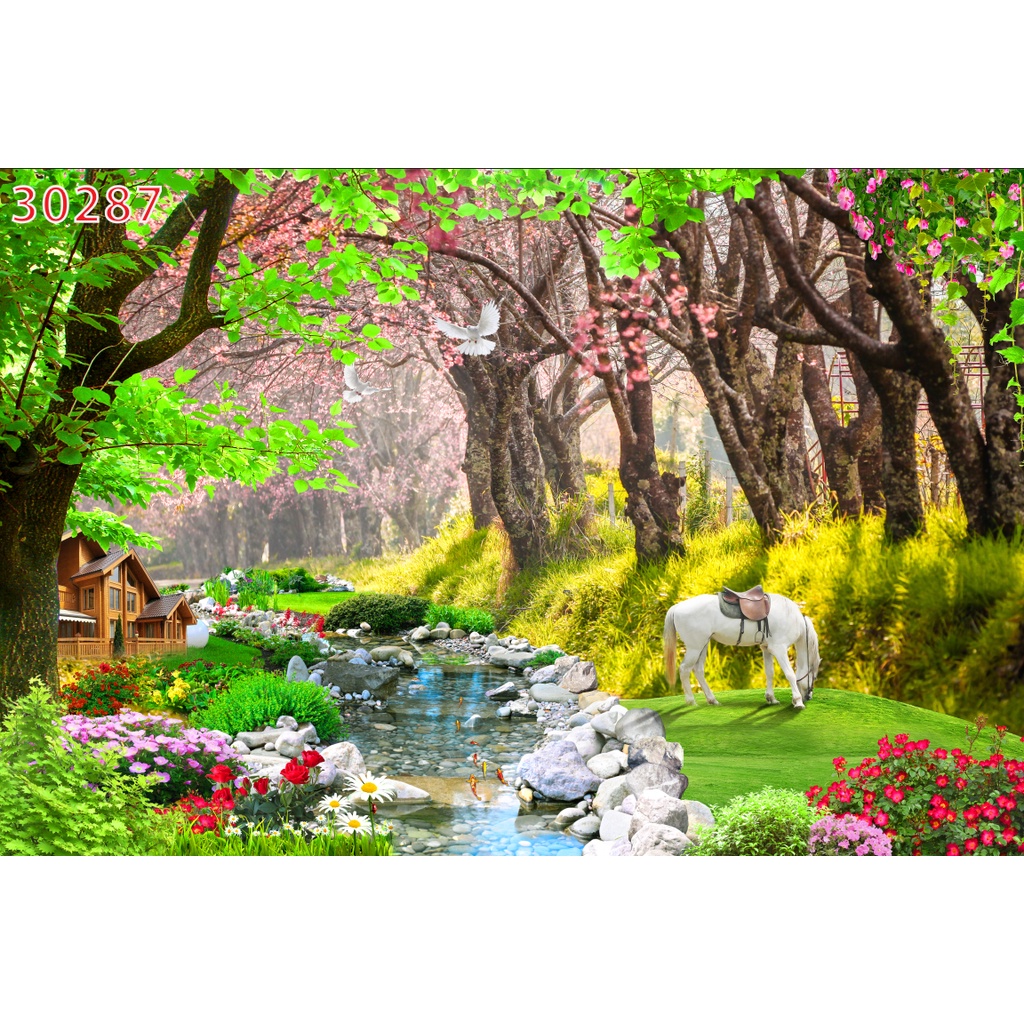 Tranh vải lụa dán tường phong cảnh thiên nhiên phòng khách, phòng ăn, phòng ngủ