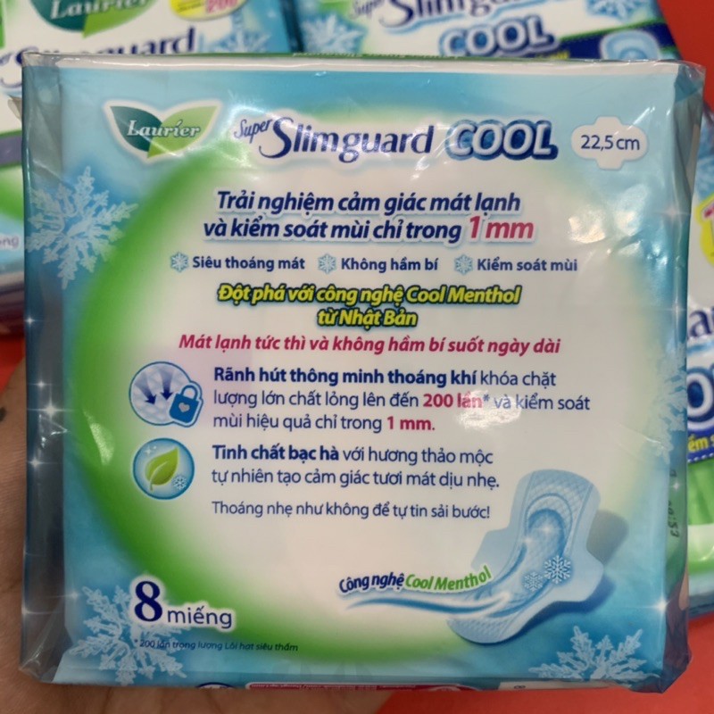 Combo 4 Gói Băng Vệ Sinh Laurier Super Slimguard COOL mát lạnh & kiểm soát mùi 22,5cm (gói 8 miếng)